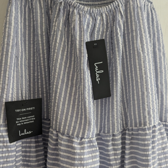 Lulu's Chasing Sunshine Blue and White Striped Seersucker Lace-Up Midi Dress - Picture 7 of 10